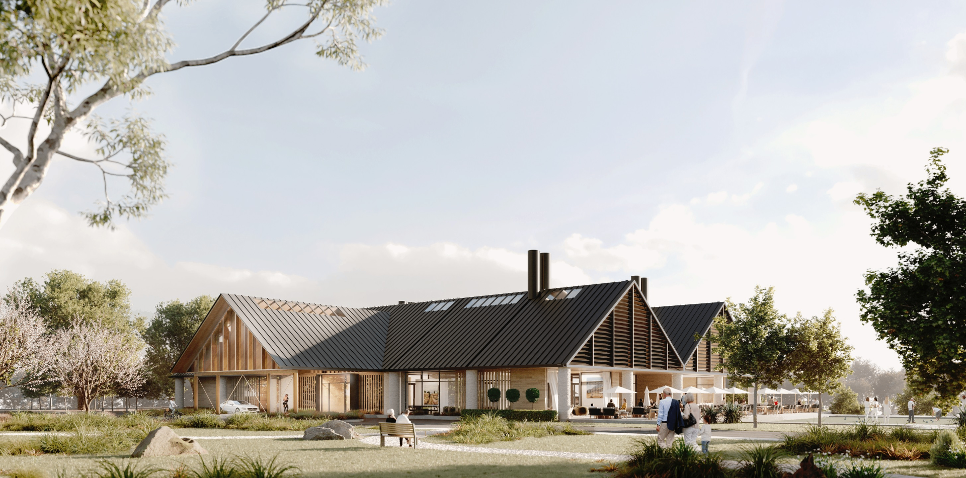 Architectural render of a Sanderson Group lifestyle village clubhouse